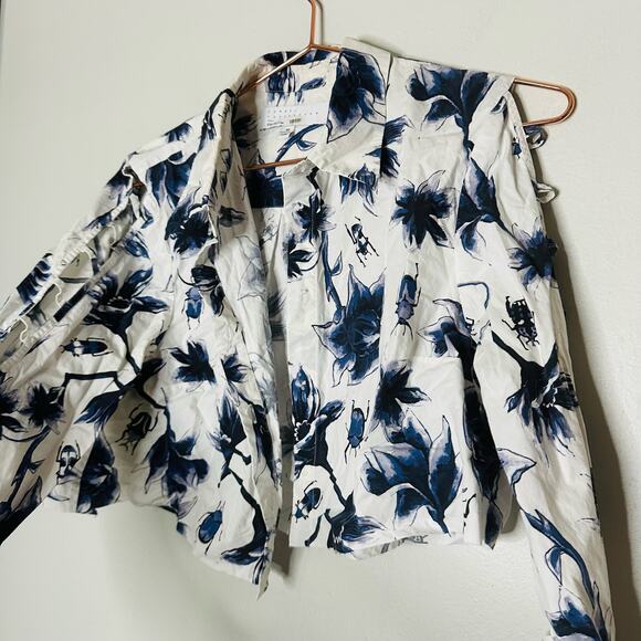 OSMAN YOUSEFZADA COLLECTIVE Blue White Floral Cutout Sleeves Shirt Size 10 FLAW - Picture 8 of 11